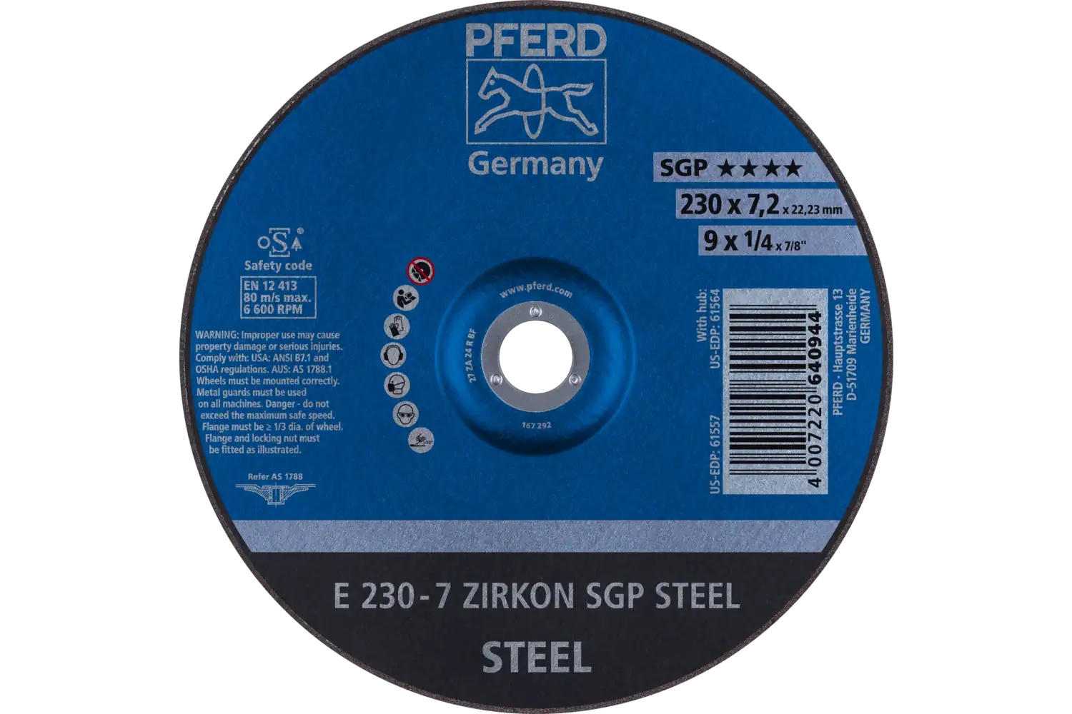 Picture of Pferd Grinding Wheel, 9" X 1/4 X 7/8, Sgp Zirkon Steel, T27, Ao, Sic
